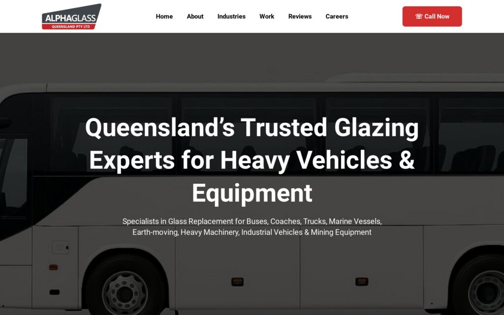 Alpha Glass heavy vehicle glazing website home page, designed by Superuser