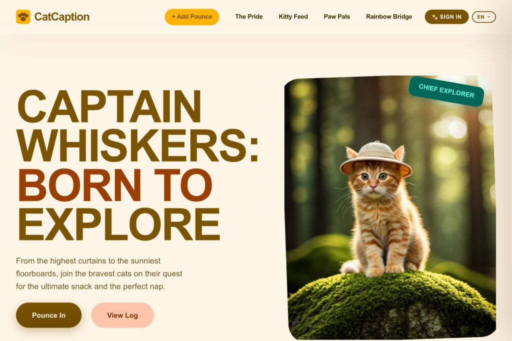 Cat Caption website home page, built by Superuser
