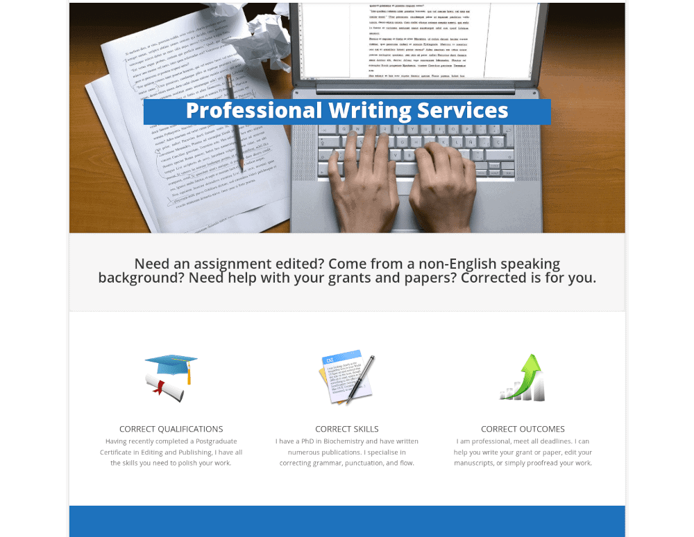 Corrected writing and editing services website, designed by Superuser