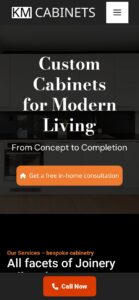 KM Cabinets website on a phone