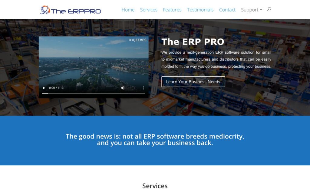 The ERP Pro website home page, designed by Superuser