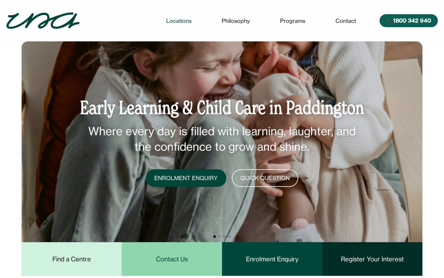 Una Kids Paddington childcare centre landing page