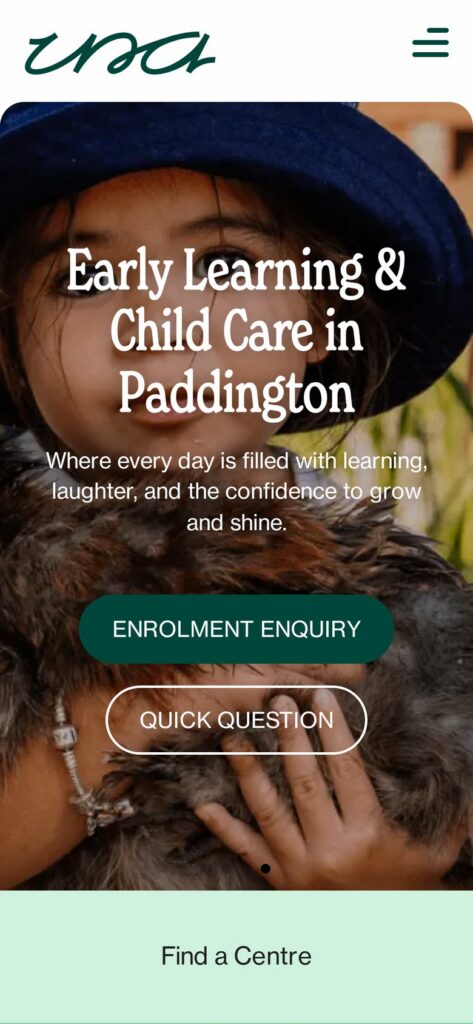 Una Kids Paddington centre page on a phone